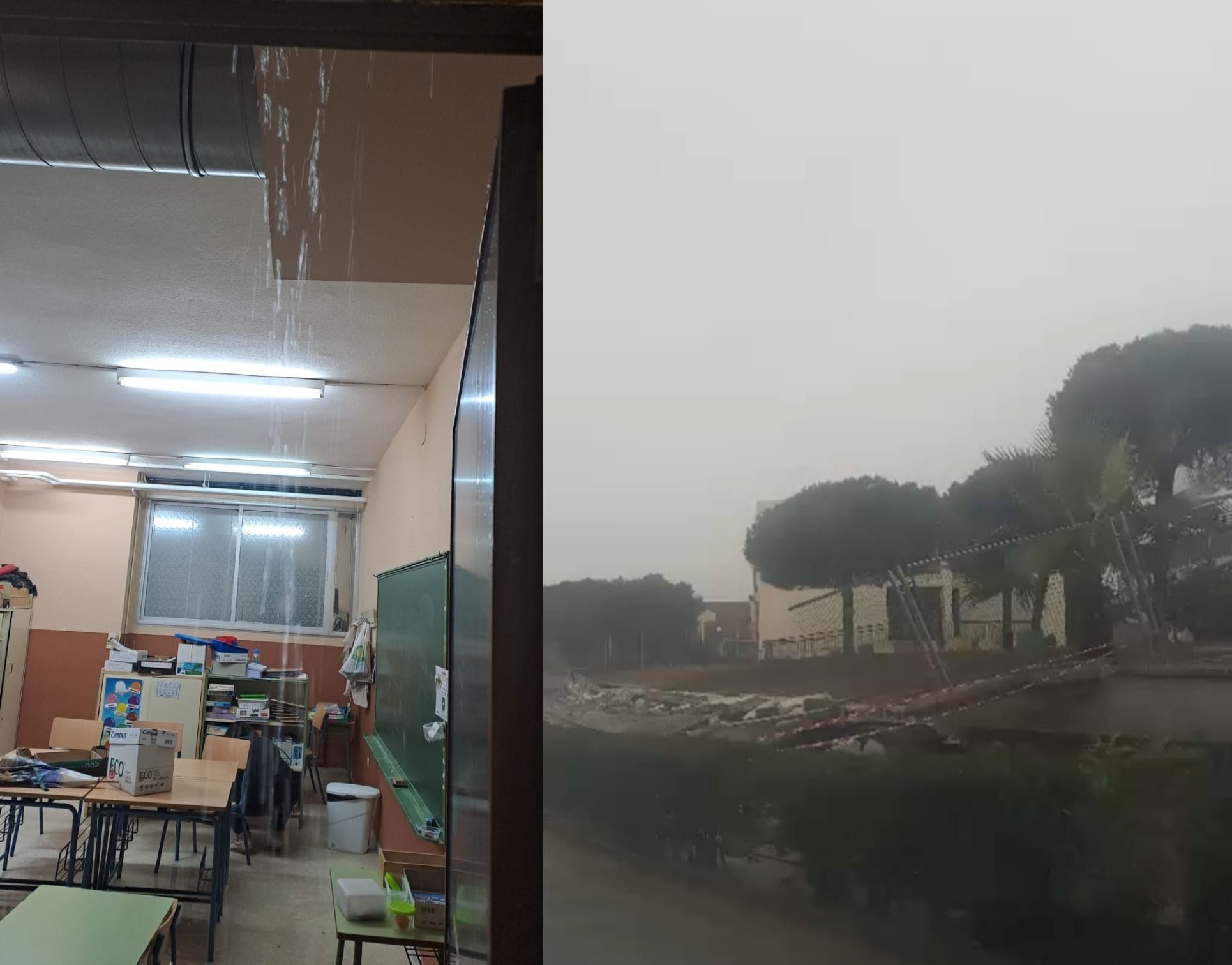 Un aula empapada en el CEIP Mariana de Pineda de Sevilla y un muro que ha cedido en Mazagón en un instituto