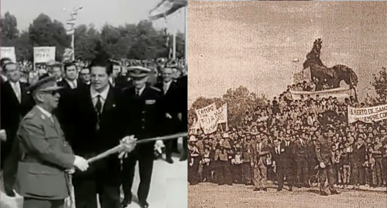 Francisco Franco, inaugurando la plaza del caballo, y una imagen de la gente que asistió al acto.