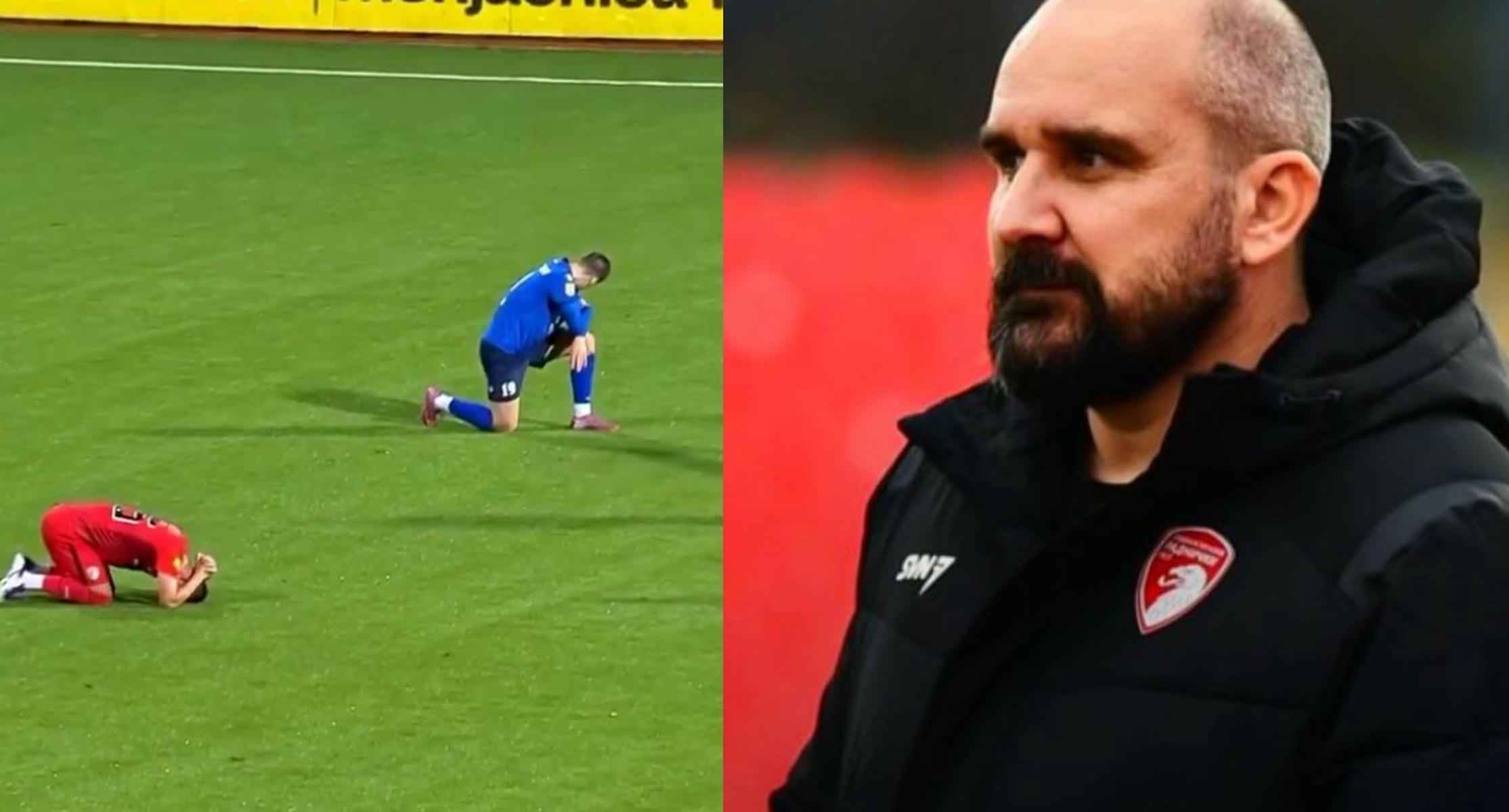 Los jugadores de ambos equipos, devastados, tras conocerse el fallecimiento de Mladen Žižović, a la derecha.