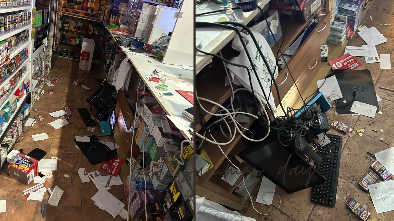 El estado en el que quedó el estanco tras la entrada de los dos ladrones.