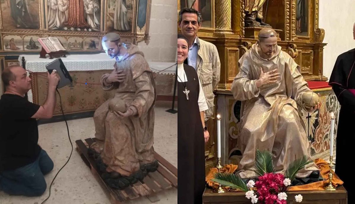 En la izquierda, la imagen original del san Bruno de José de Arce. En la derecha, la copia terminada y policromada para ser ubicada en la Cartuja.