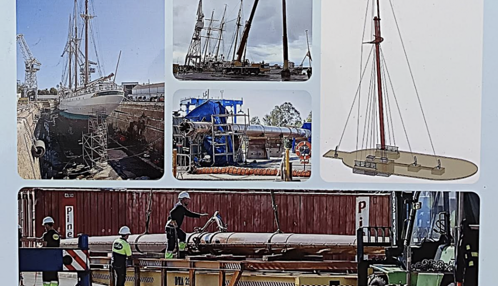 Panel explicativo sobre la colocación del palo mesana en la Punta de San Felipe del puerto de Cádiz.