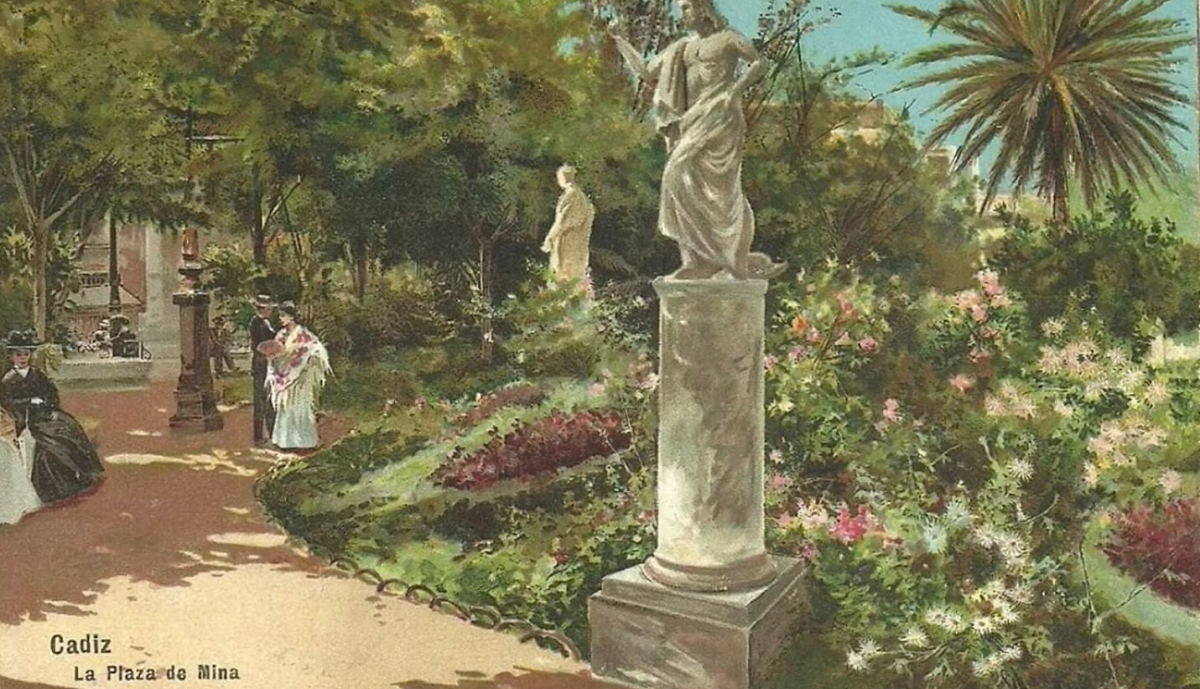 Plaza de Mina, tarjeta postal, copia de la pintura costumbrista romántica de Manuel García Rodríguez, hacia 1904.