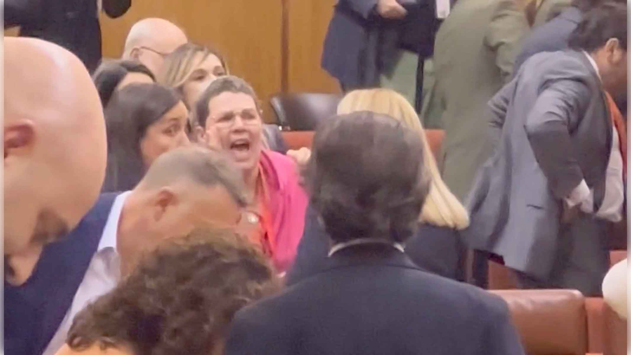 Anabel, gritando de manera desgarradora en el Parlamento andaluz.