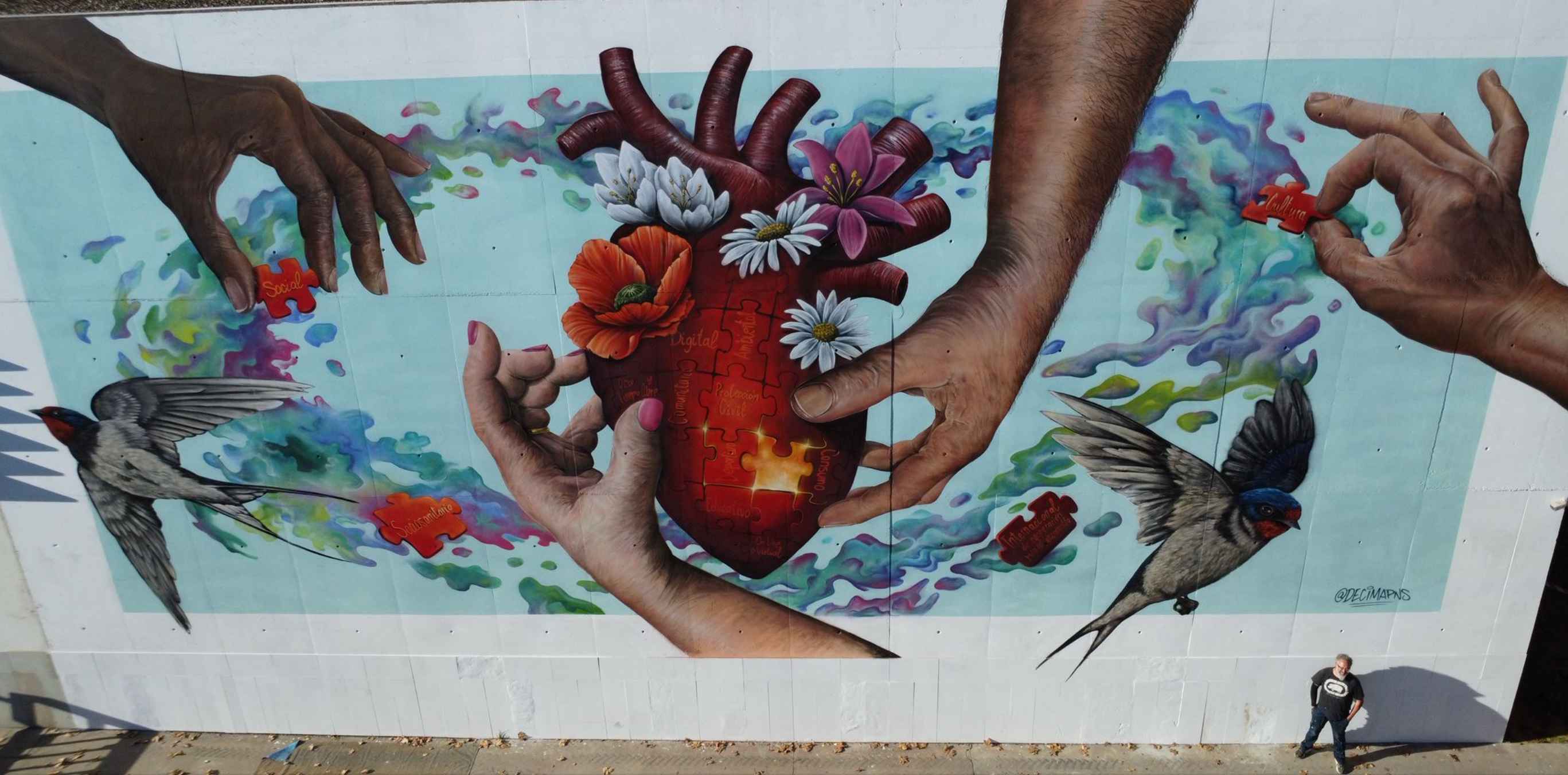 Una imagen del artista junto al mural que evidencia la magnitud del mismo. Una imagen del artista junto al mural que evidencia la magnitud del mismo.