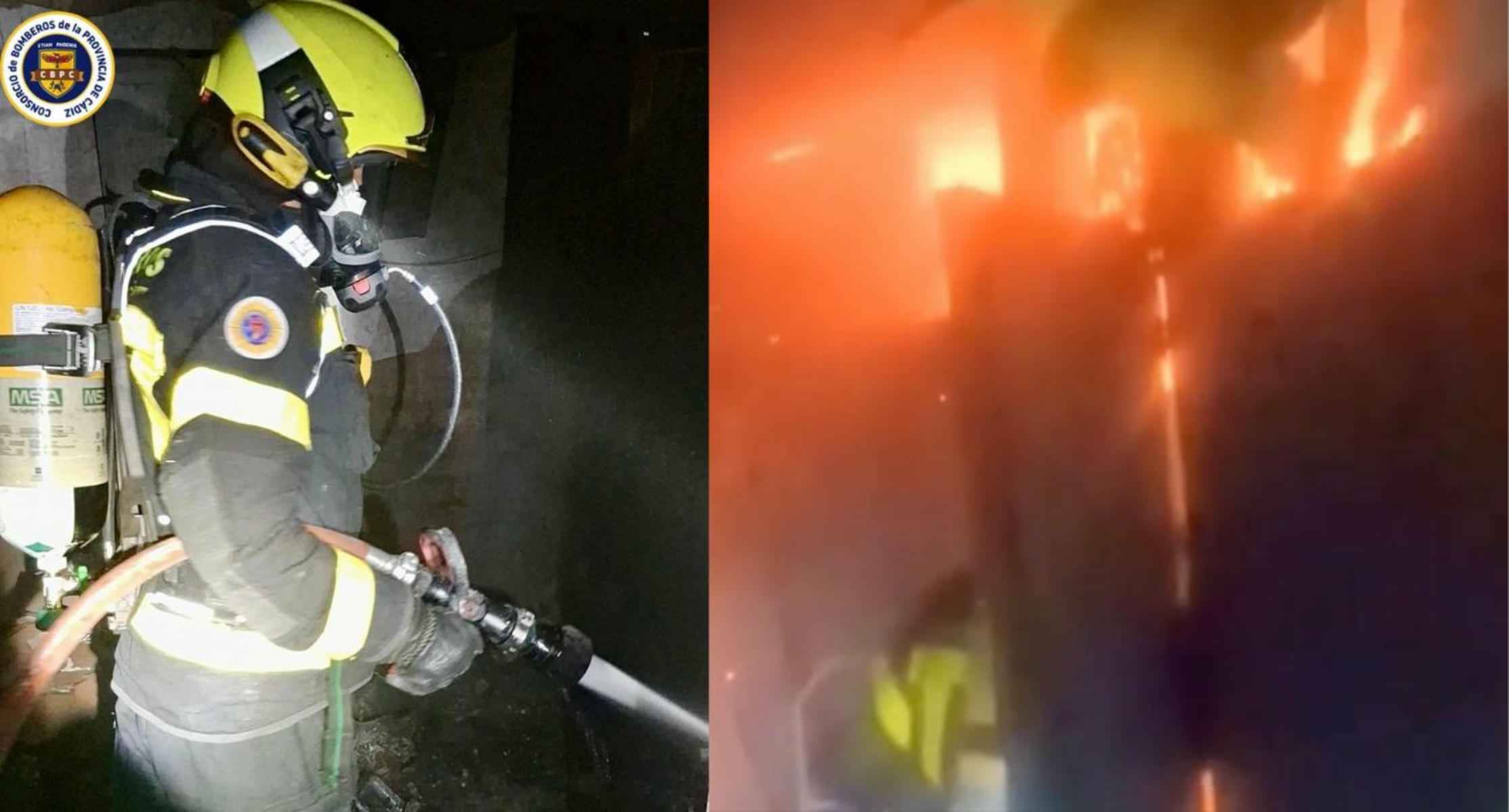 Dos imágenes de las labores de intervención de los bomberos.