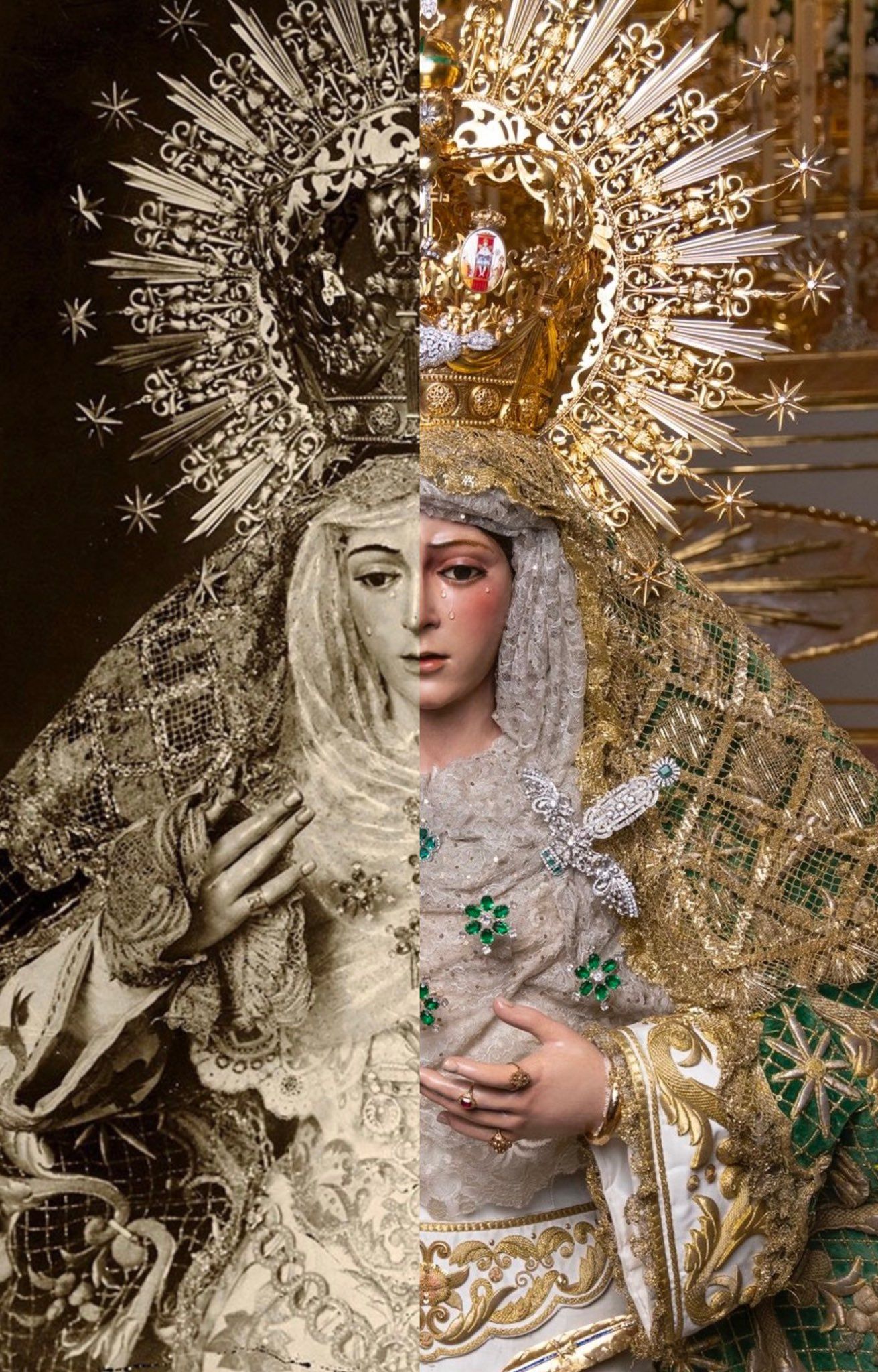 Montaje fotográfico que compara una imagen de la Virgen hace cien años con la vestimenta actual. 