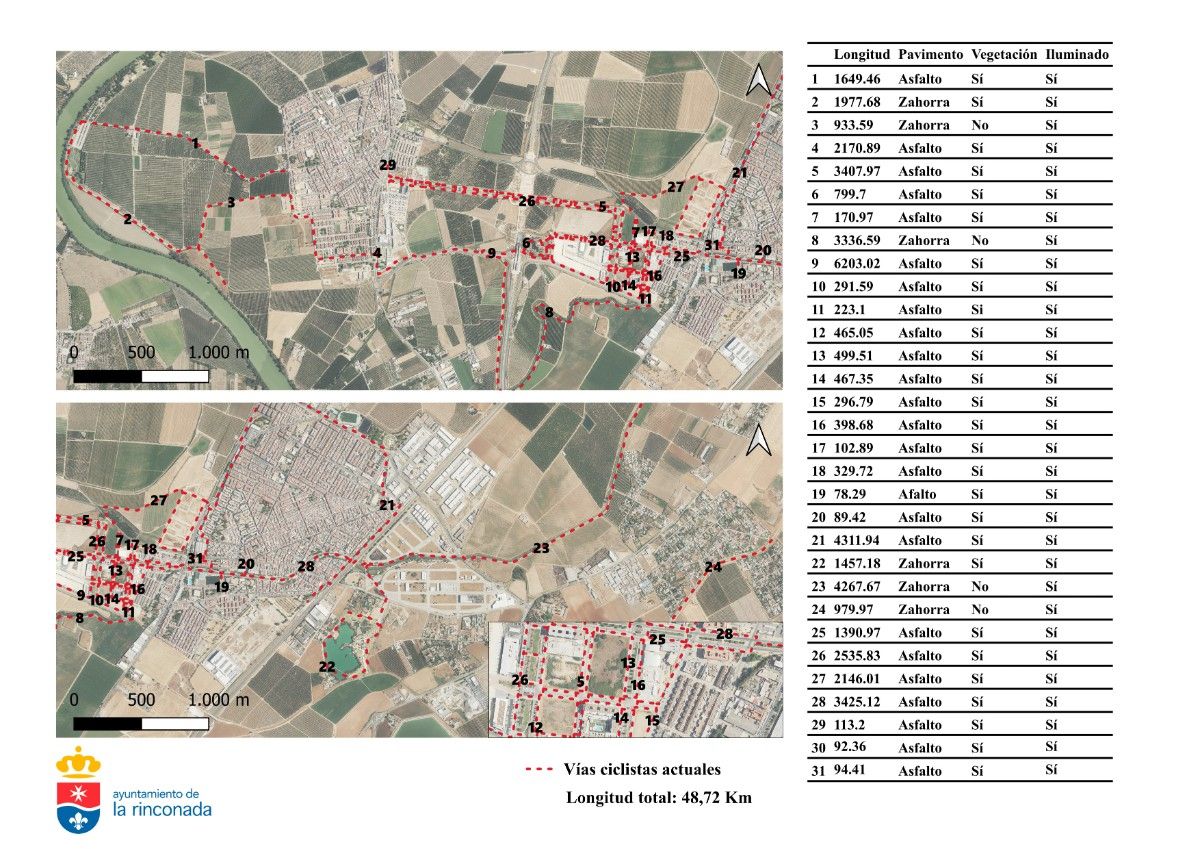 Mapa con la extensión dle carril bici de La Rinconada.