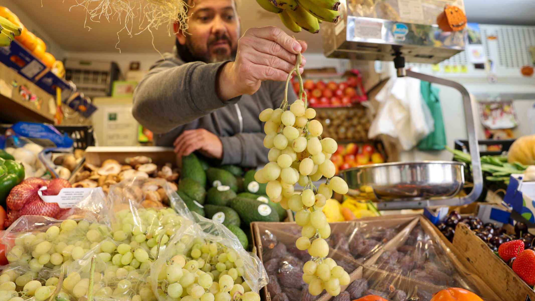 Ismael Sánchez, con un racimo de uvas en su puesto del Mercado de Abastos de Cádiz. Ismael Sánchez, con un racimo de uvas en su puesto del Mercado de Abastos de Cádiz.