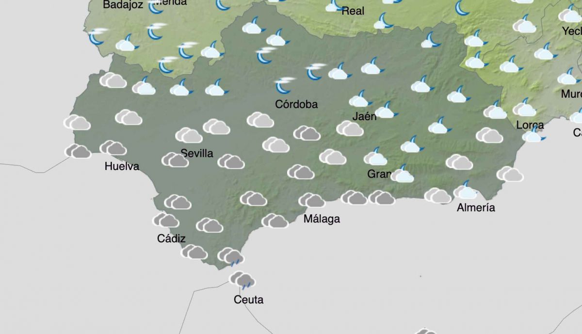 Mapa de Andalucía de la Aemet para el tramo entre las seis de la tarde y las doce de esta noche.