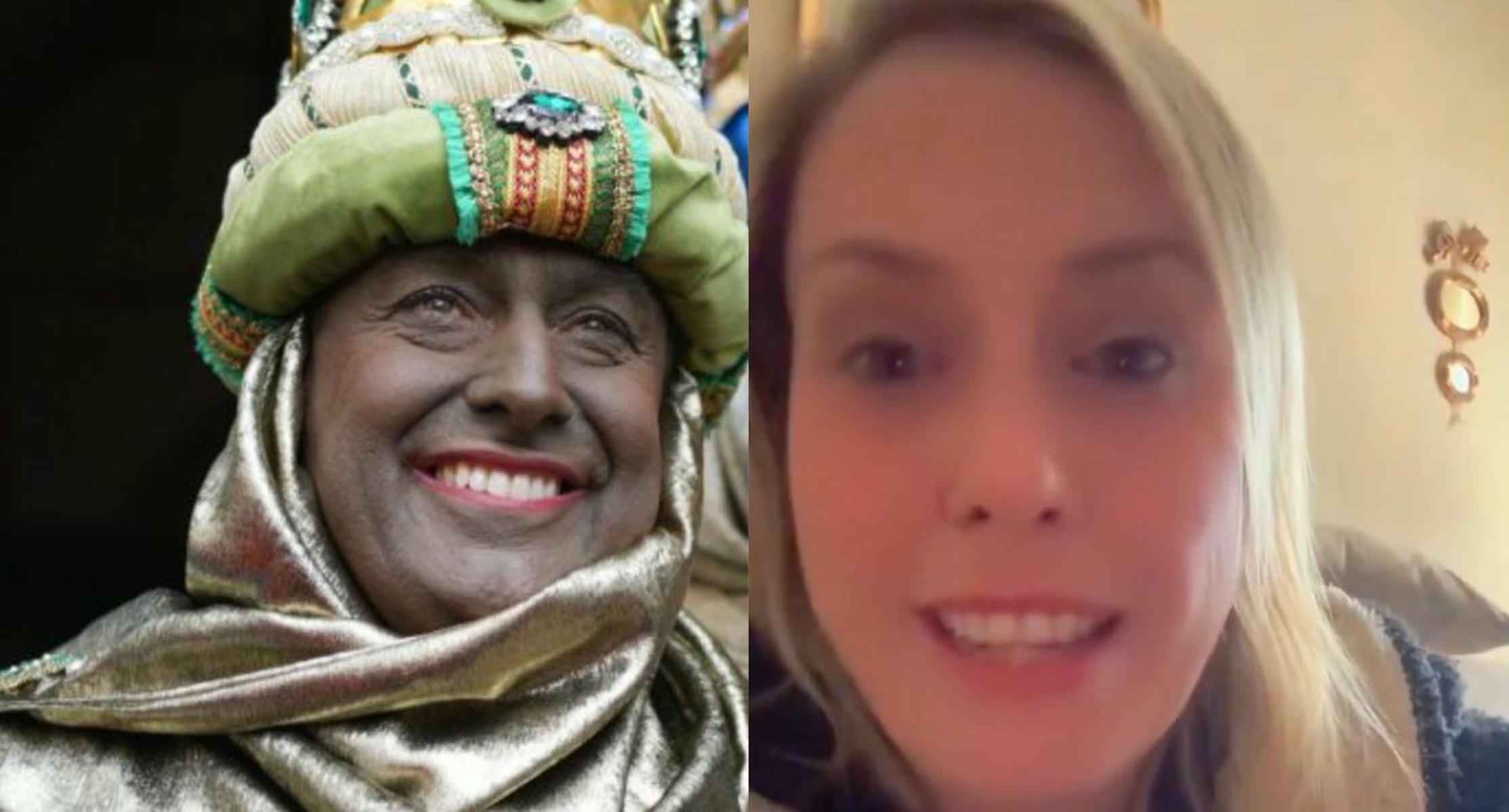 Juanma Moreno, como rey Baltasar, y Auxiliadora, la mujer que ha agradecido el gesto del presidente de la Junta de Andalucía.