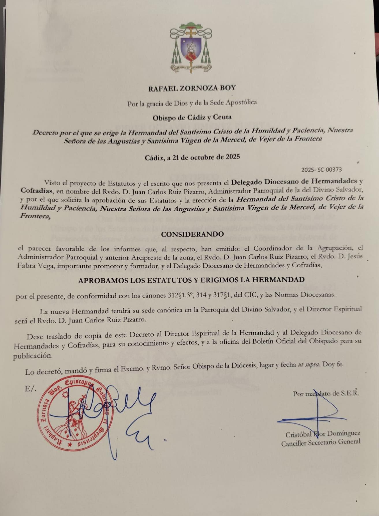 Documento recibido por la nueva hermandad. 