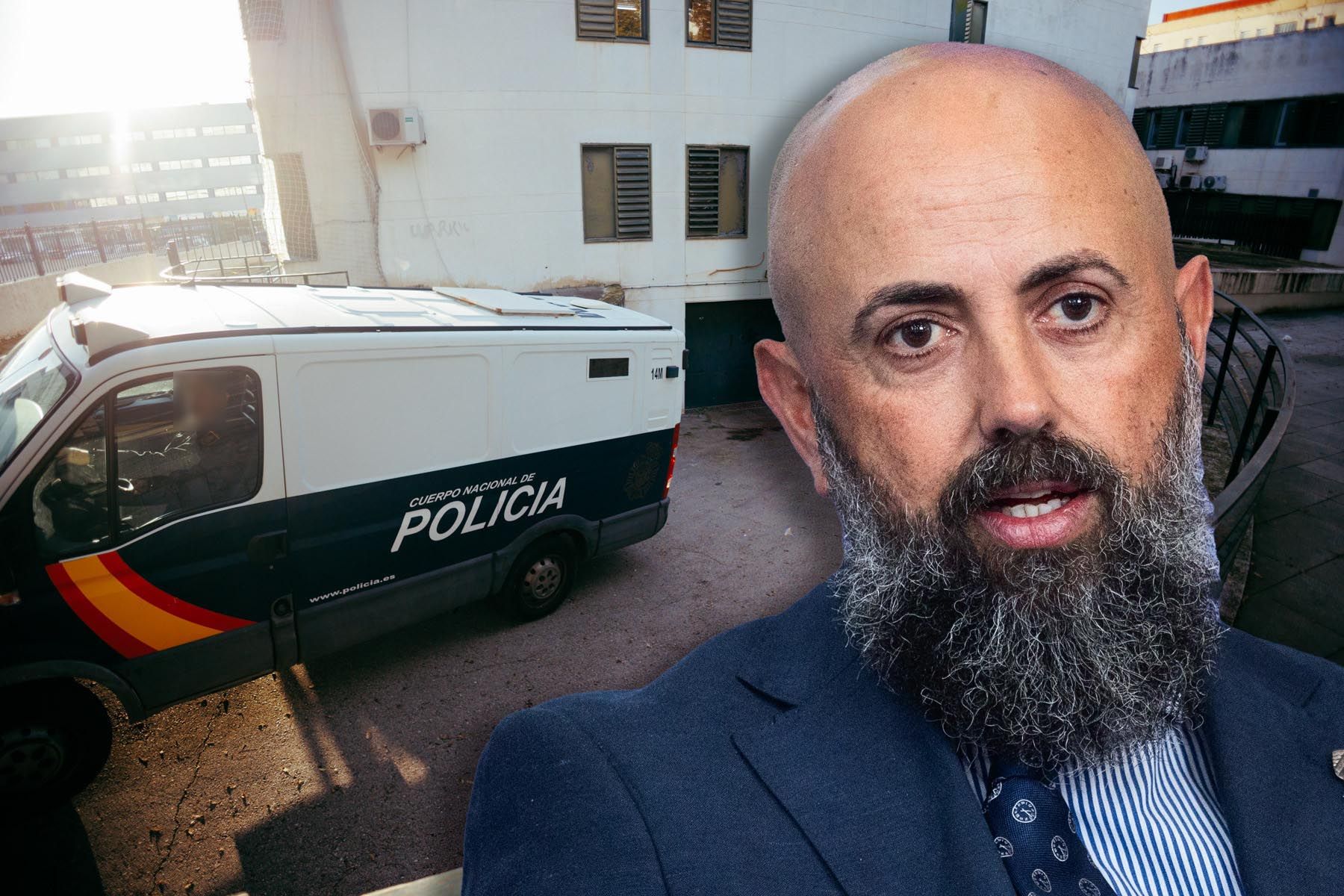 Furgón, este martes en los Juzgados de Tomás García Figueras, y sobreimpresionada, la imagen de Juan Luis Gil, 'Títin', presidente del Xerez CD..