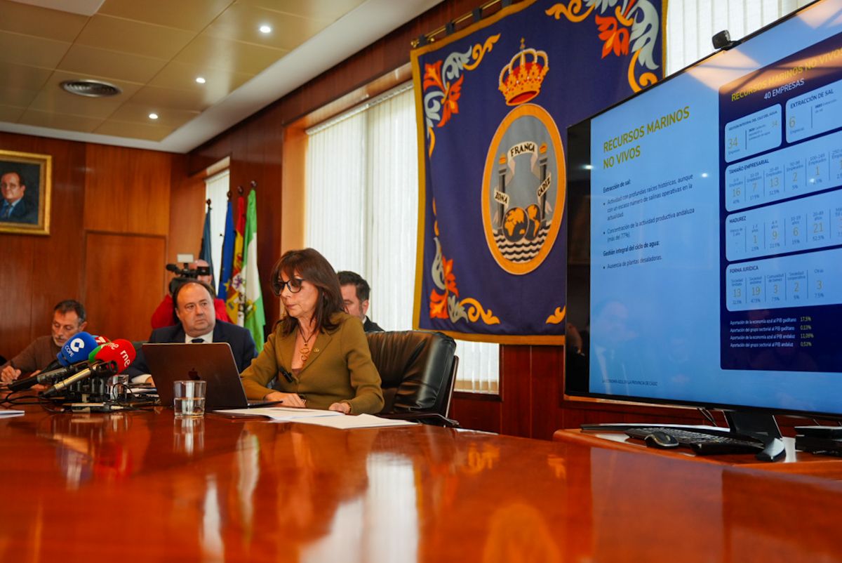 La catedrática Carmen Camelo, presentado el informe sobre economía azul, junto al delegado de Zona Franca, Fran González, y el rector Casimiro Mantell. La catedrática Carmen Camelo, presentado el informe sobre economía azul, junto al delegado de Zona Franca, Fran González, y el rector Casimiro Mantell.