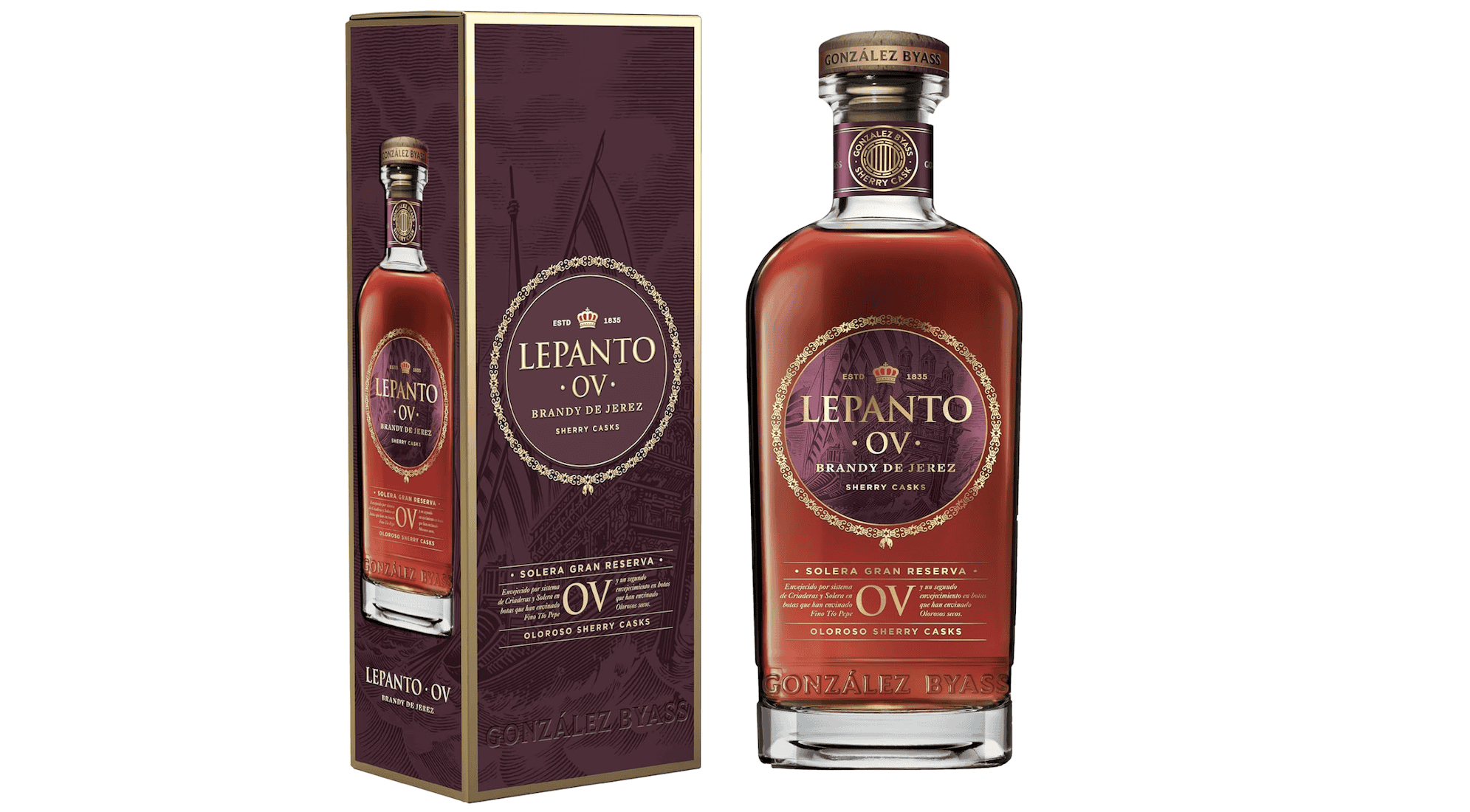 Botella y estuche del brandy Lepanto Oloroso Viejo, de González Byass.