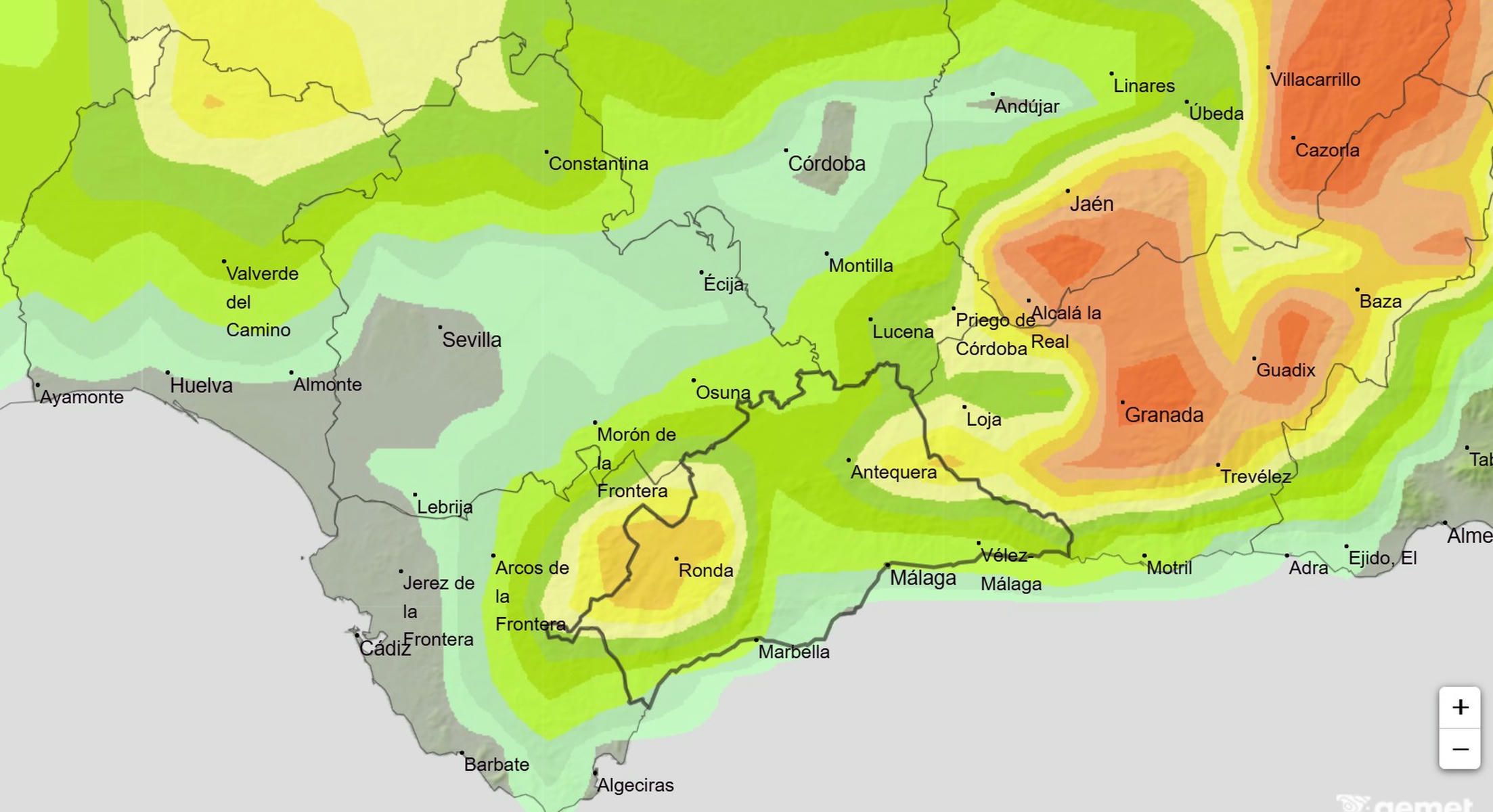 Mapa de probabilidades de al menos 0,5 milímetros de nieve para este sábado.