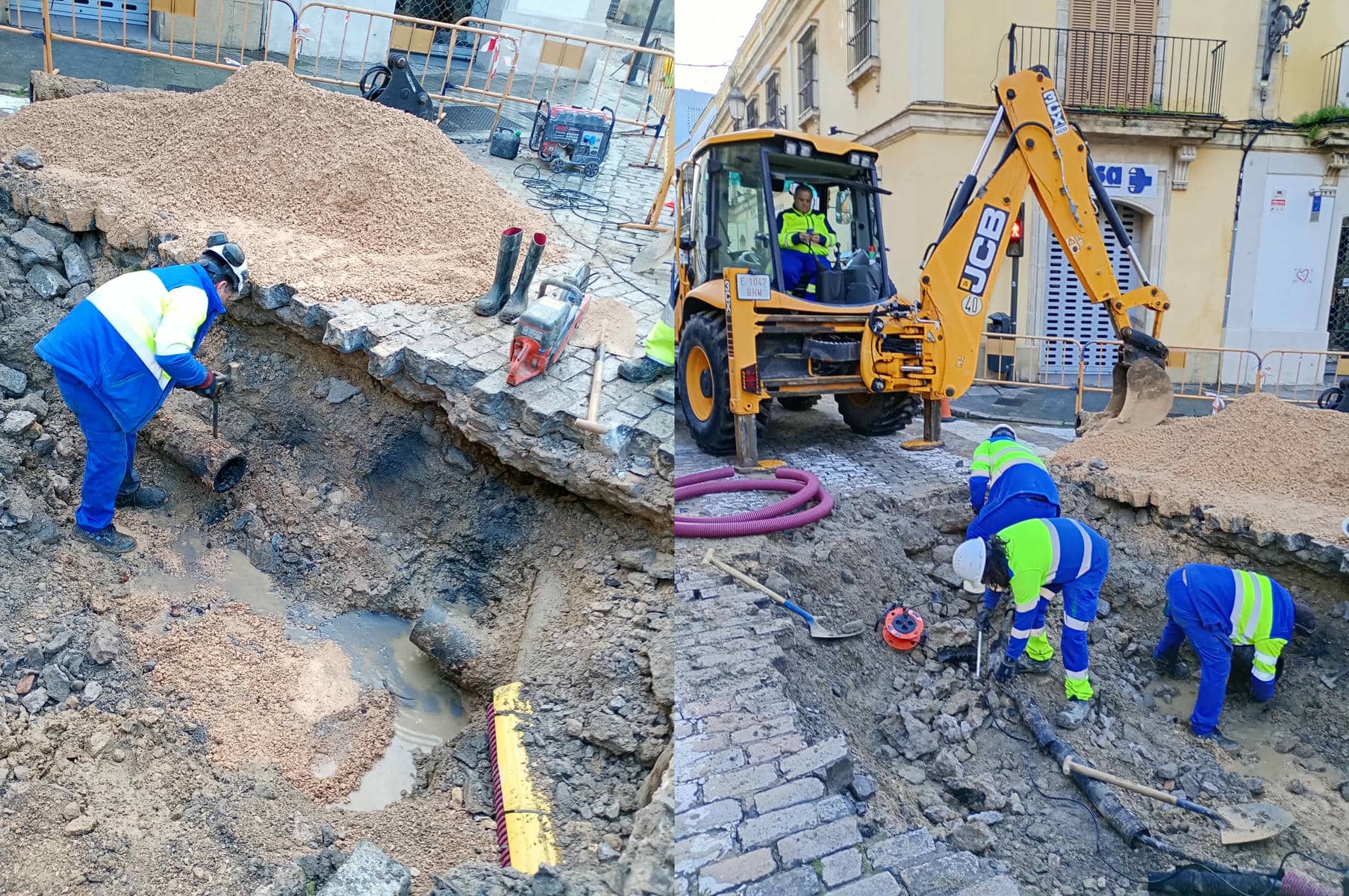 Arreglos en la mañana de este sábado en la intersección de calle Arcos y Medina, en el centro de Jerez.