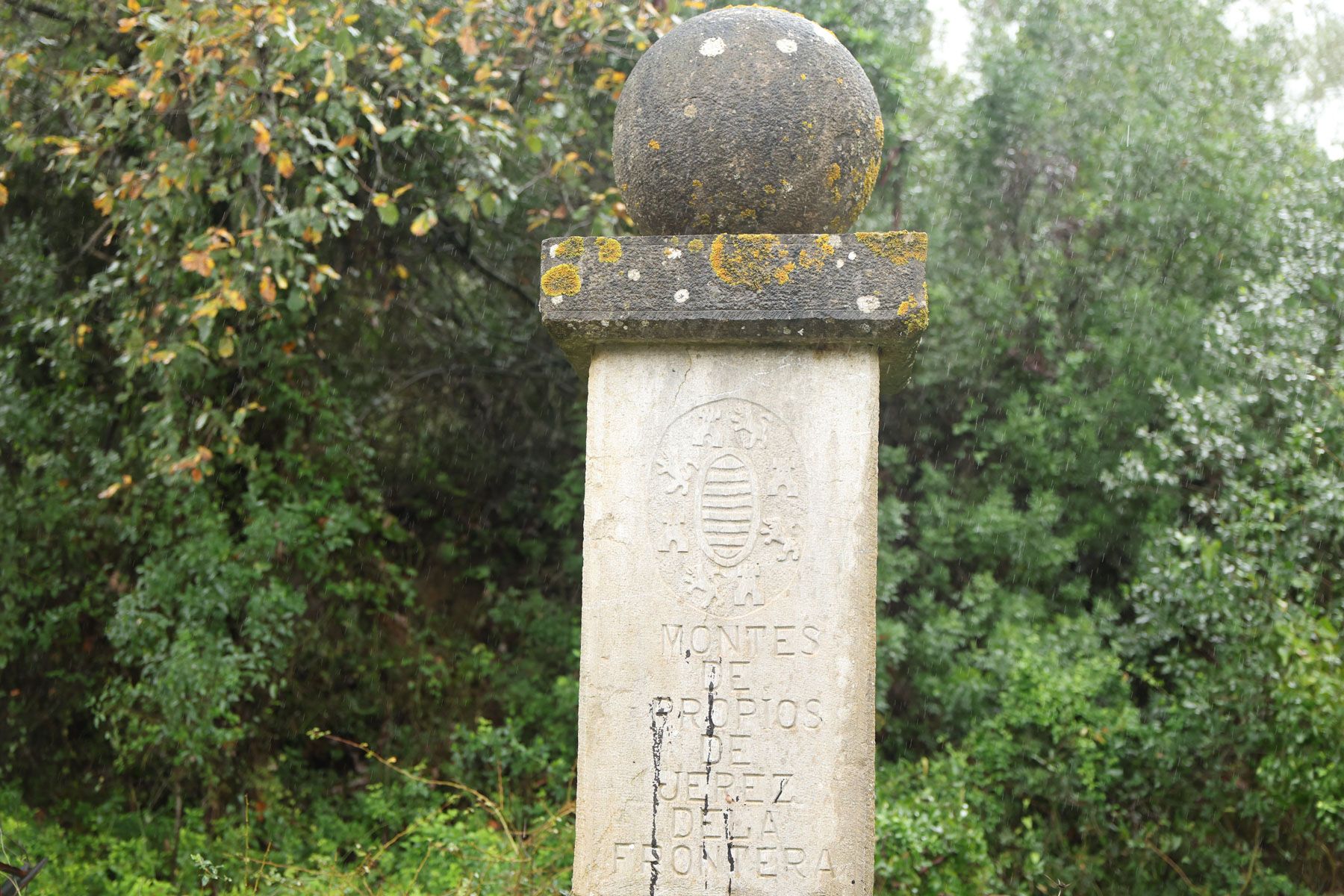 Un monolito de los Montes de Propio de Jerez en en embalse de Los Hurones.