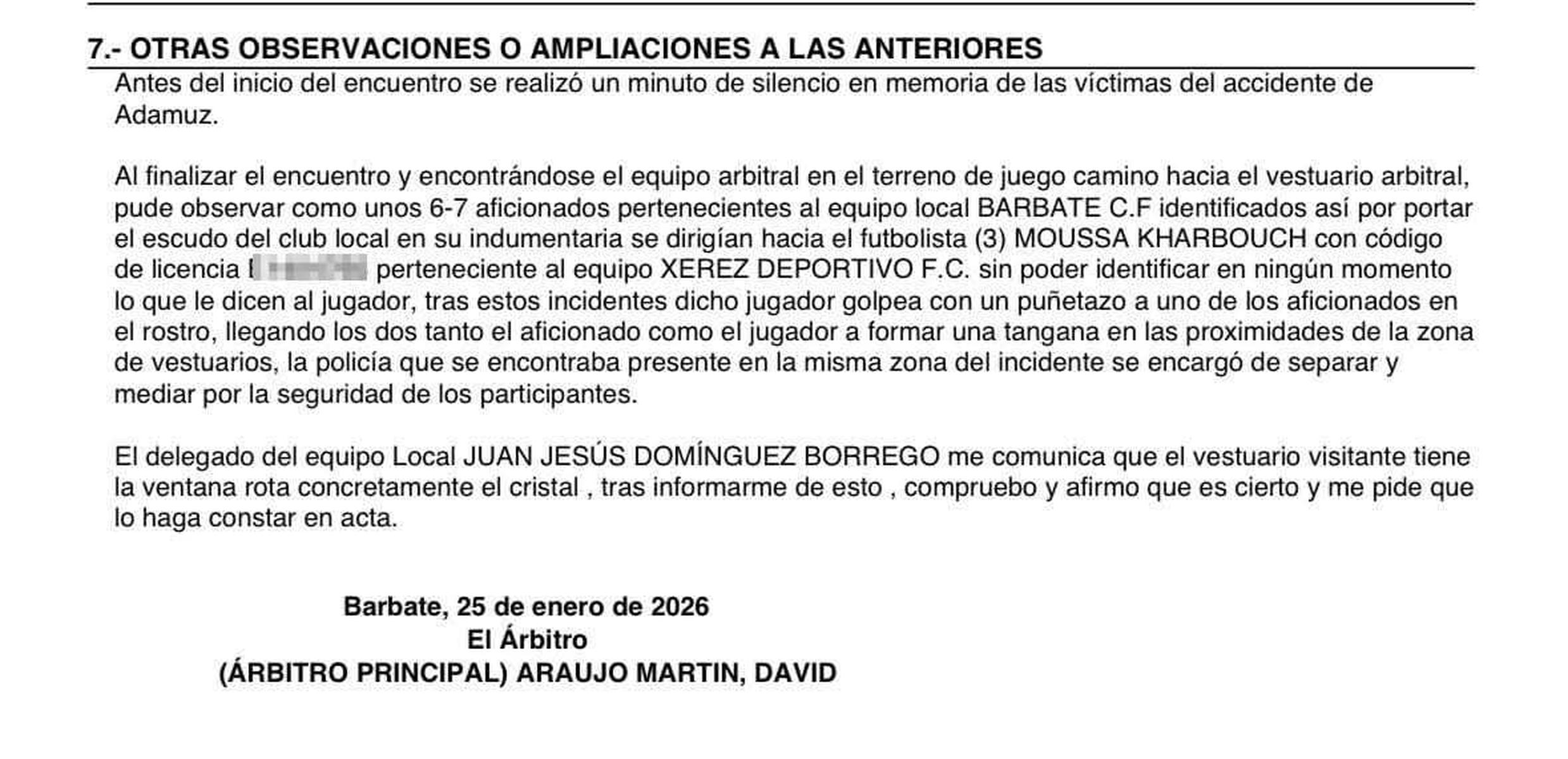 El acta arbitral del partido.