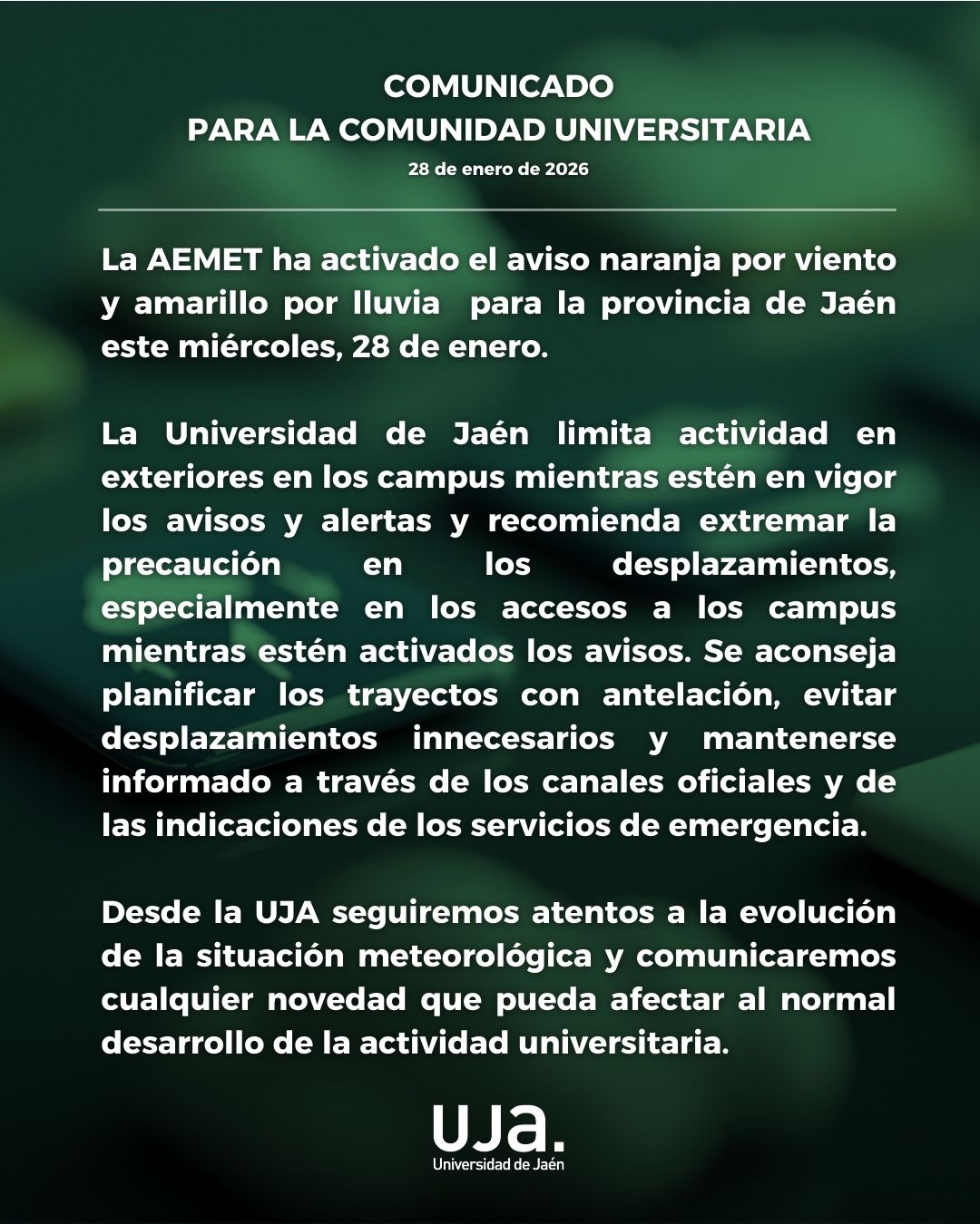 Comunicado de la Universidad de Jaén.