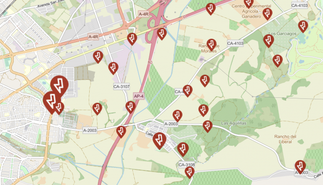 Mapa de las averías eléctricas y cortes de suministro en las zonas de Villa del Este y La Granja.
