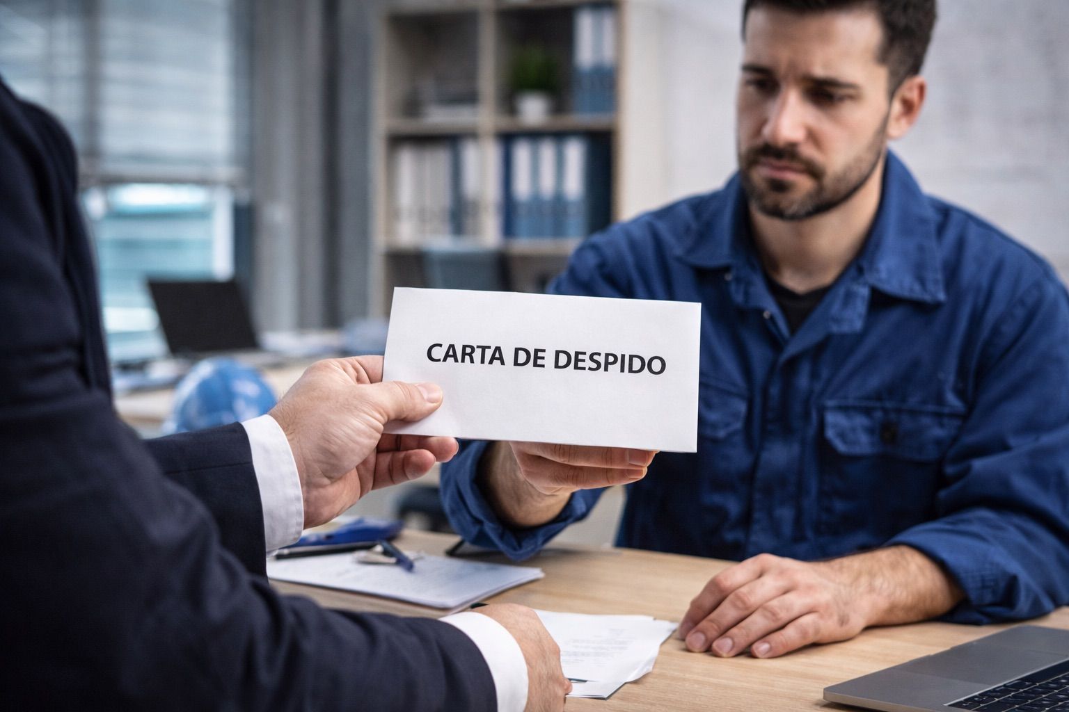 Un empresario entrega una carta de despido a un trabajador.