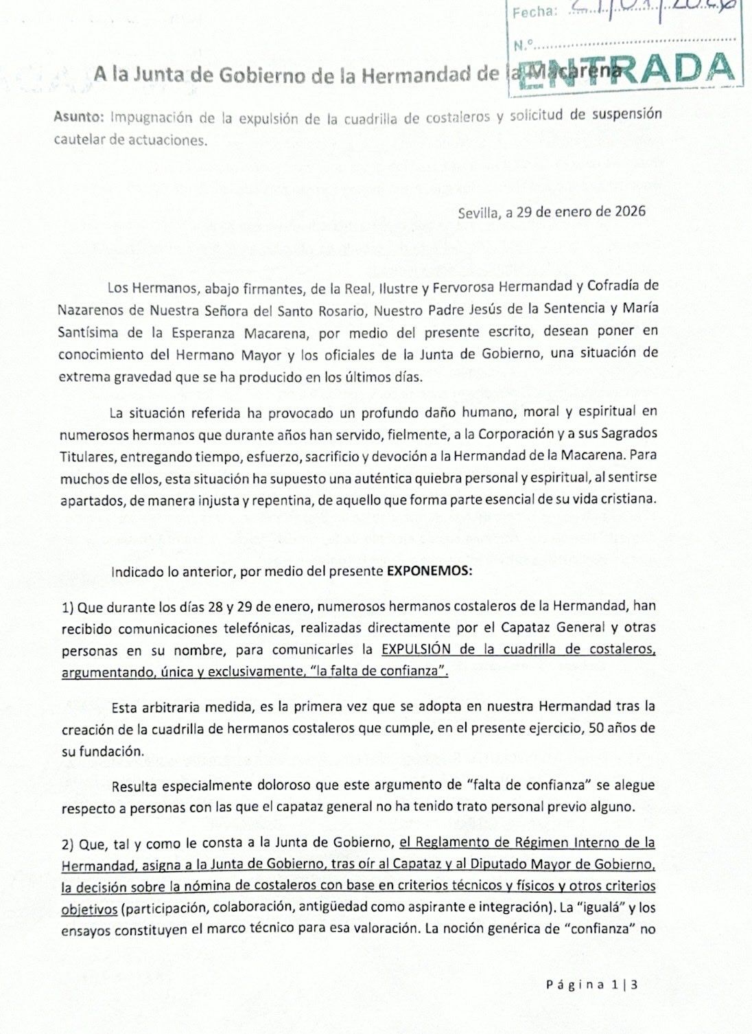 Carta enviada por los costaleros expulsados de la Macarena.