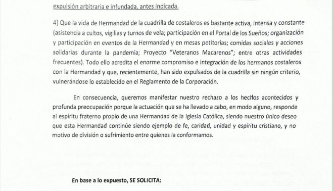Carta enviada por los costaleros expulsados de la Macarena.