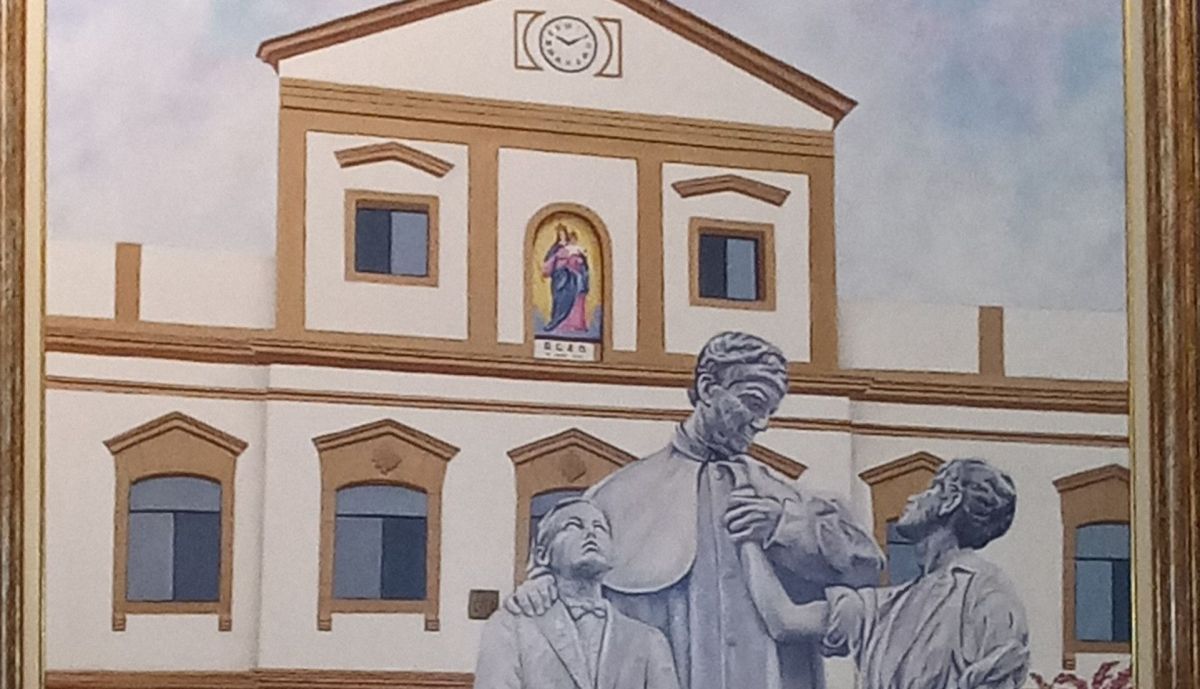 Don Bosco en su casa de Cádiz, óleo sobre lienzo, obra de Pina Mata.