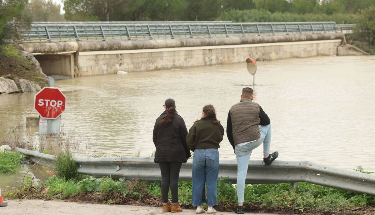 Tres personas miran el nivel del río Guadalete.