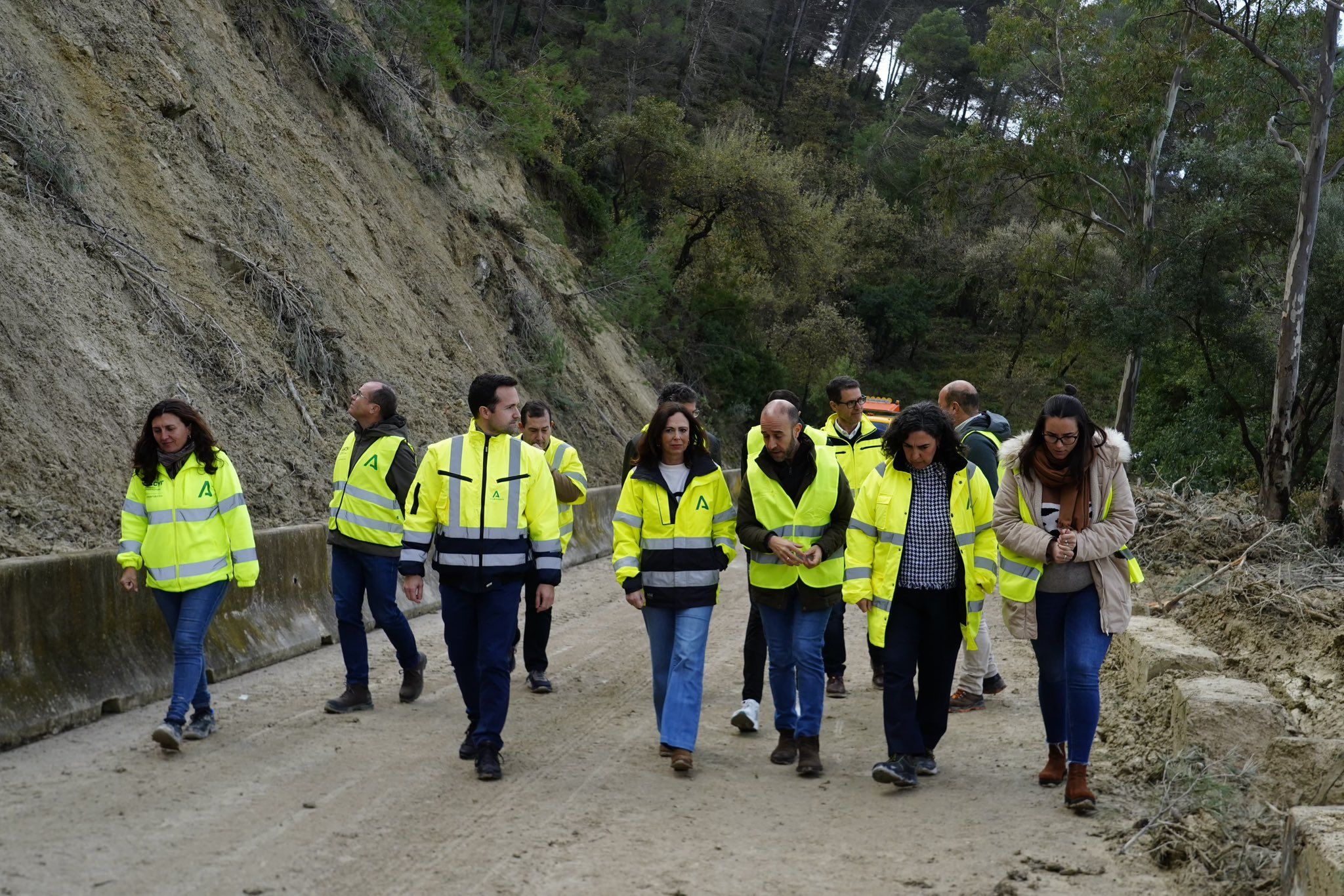 Un momento de la visita de la consejera de Fomento, Rocío Díaz, este pasado domingo, a la vía de acceso a Benamahoma, en la Sierra de Cádiz.