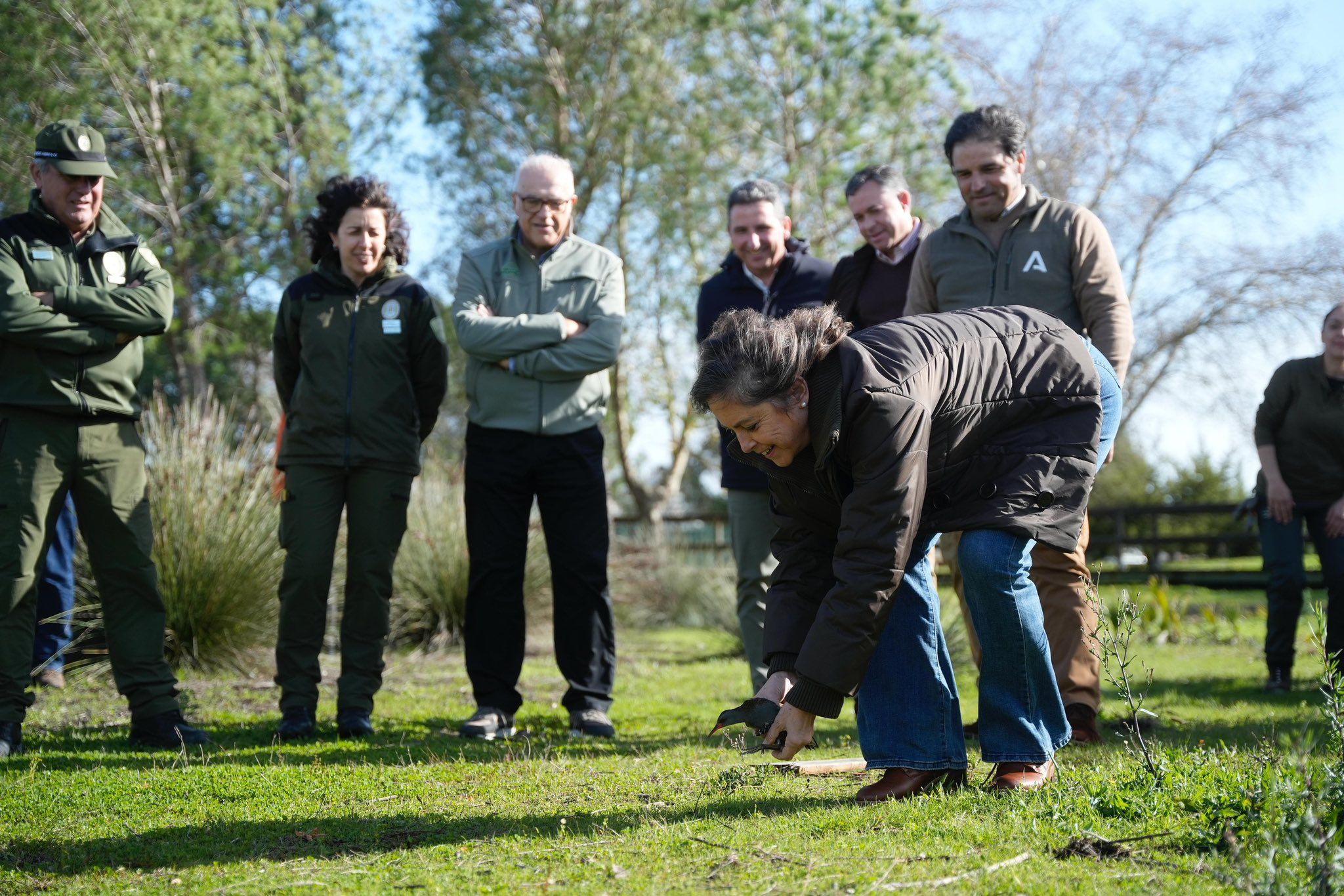 La consejera Catalina García, soltando un ave en las Marismas del Odiel.