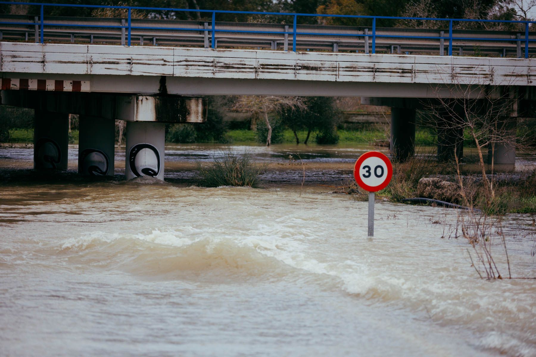 Una de las vías afectadas por las inundaciones del Guadalete, este lunes.