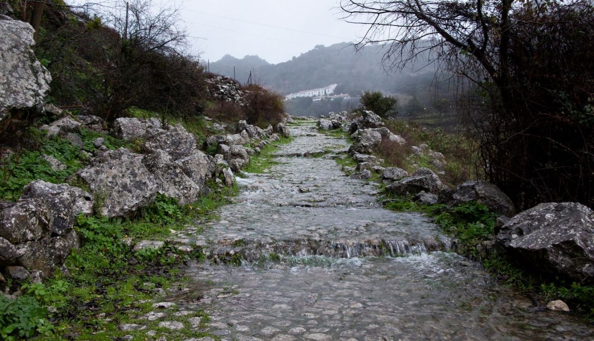 Agua cayendo por un camino rural en Grazalema.