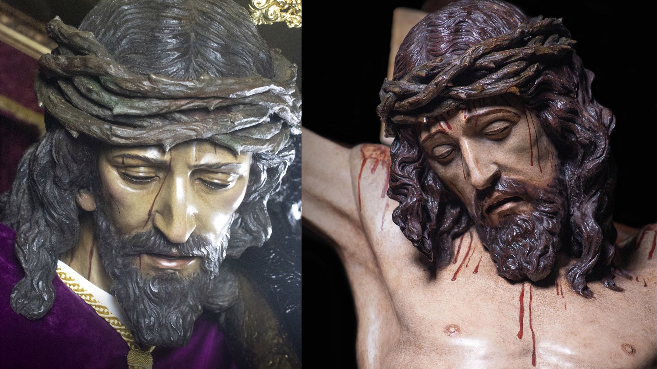 Los rostros del Señor de la Vía Crucis, en la izquierda, y del Cristo del Amor, en la derecha, tras sus respectivas restauraciones.