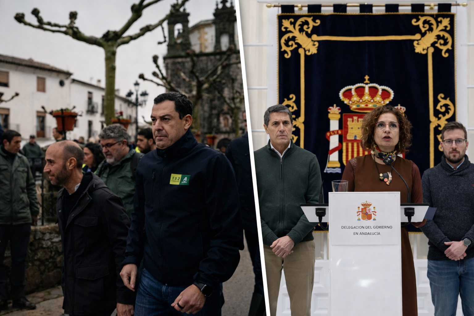 Este pasado jueves de temporal: a la izda., Juanma Moreno en Grazalema con su alcalde, el socialista Carlos Javier García; a la derecha, María Jesús Montero, en la Delegación del Gobierno en Sevilla.