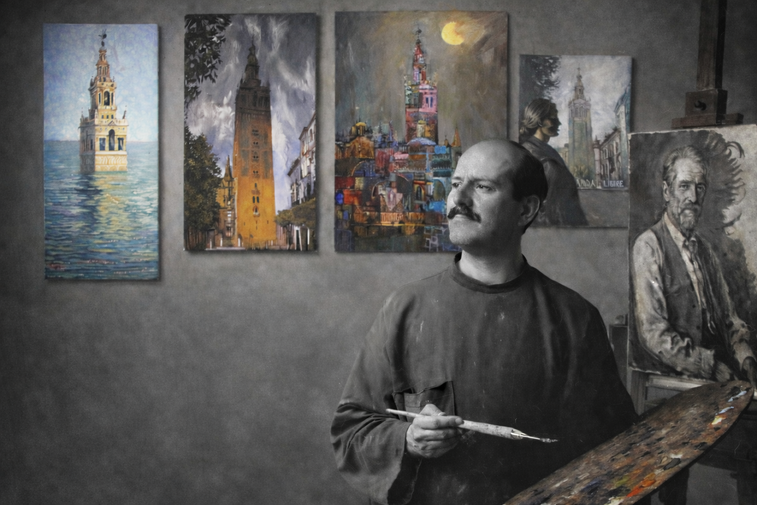 Montaje de Amalio con sus cuadros a partir de una foto original del pintor.