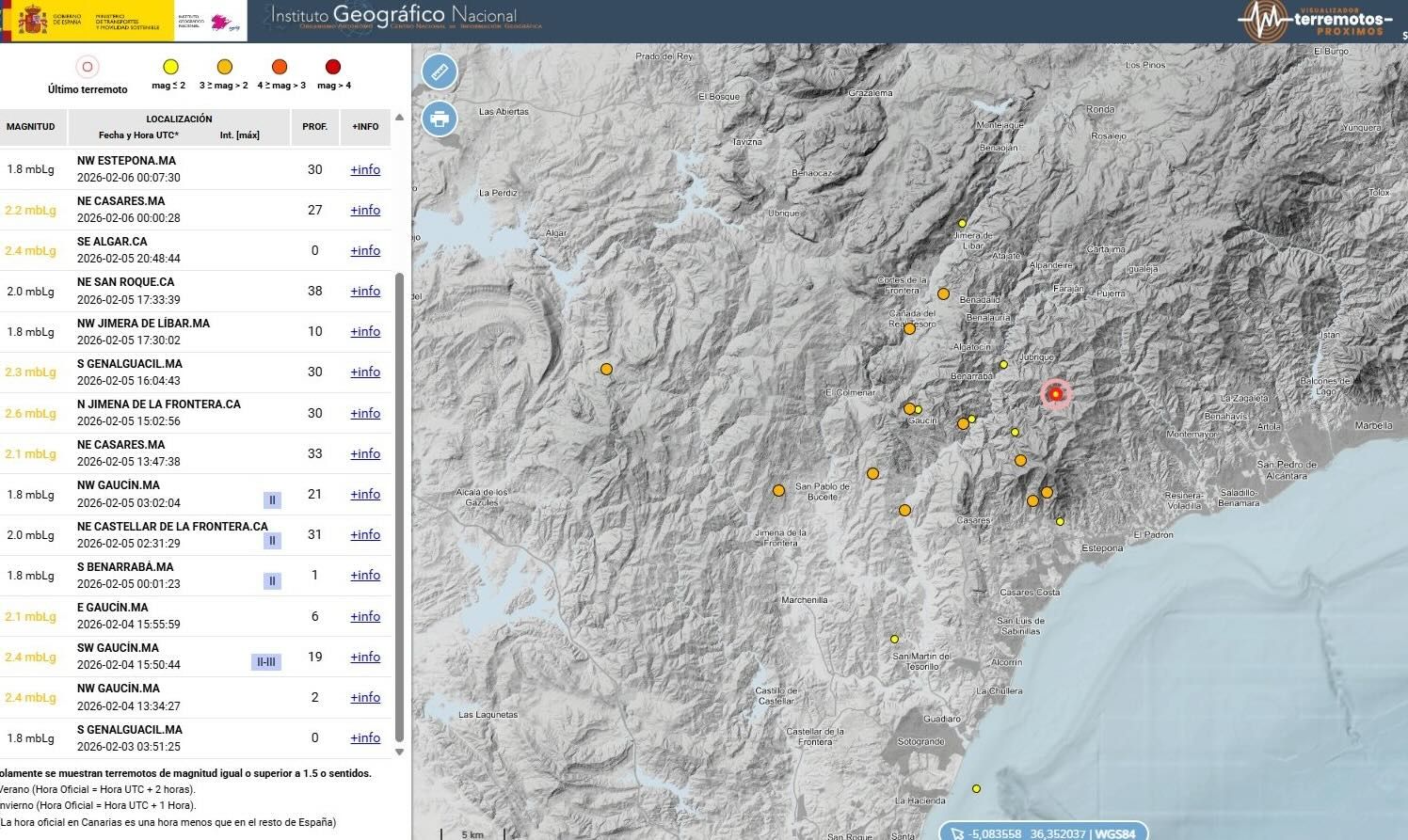 Mapa con los últimos eventos sísmicos registrados entre Cádiz y Málaga, en una captura del Instituto Geográfico Nacional.