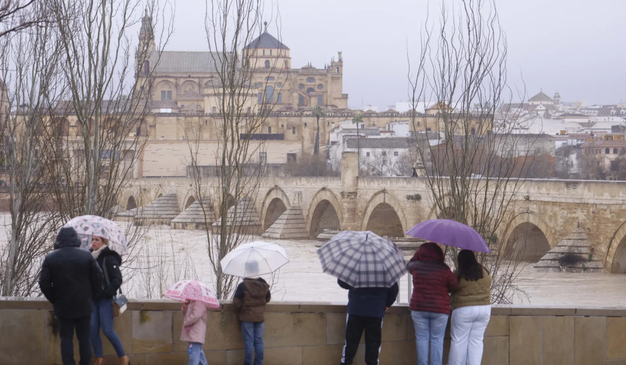 Varias personas observan en Córdoba la crecida del río Guadalquivir