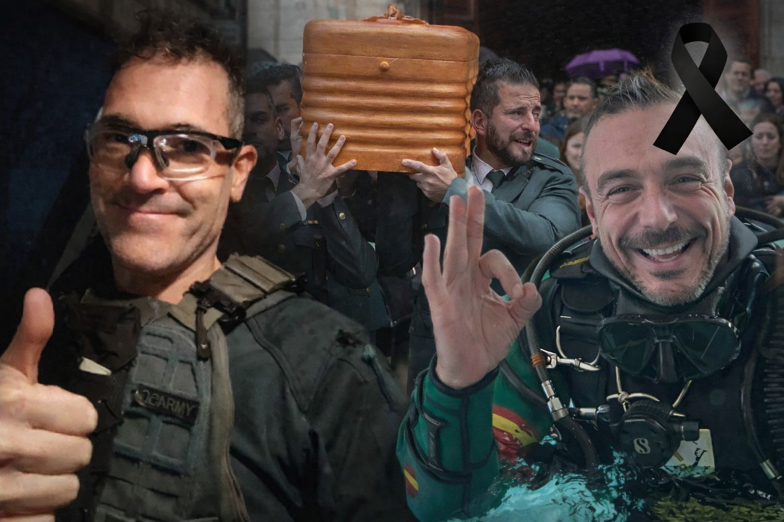 David y Miguel Ángel, los guardias civiles asesinados, y el ferétro con uno de ellos tras el crimen en el Puerto de Barbate.