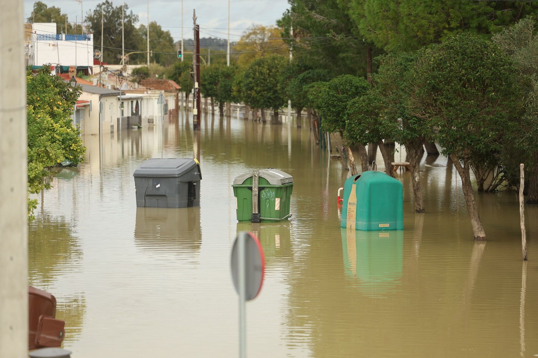 Contenedores en mitad de las calles inundadas de la barriada de El Portal, en Jerez.