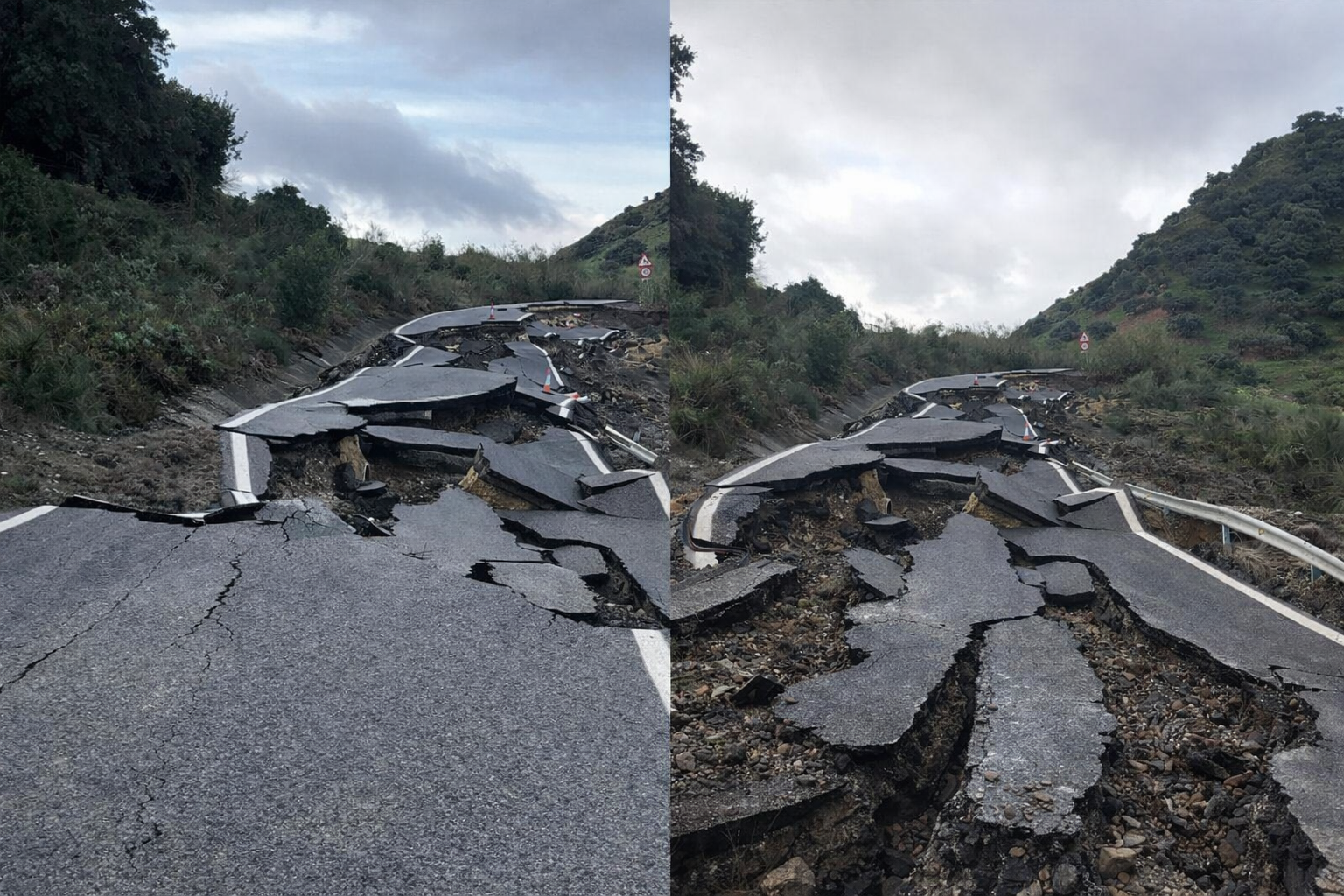 Las borrascas destrozan carreteras en Cádiz: 34 vías afectadas y graves daños en la Sierra de Cádiz. En las imágenes, un tramo de la carretera entre Algodonales y Coripe, este domingo.