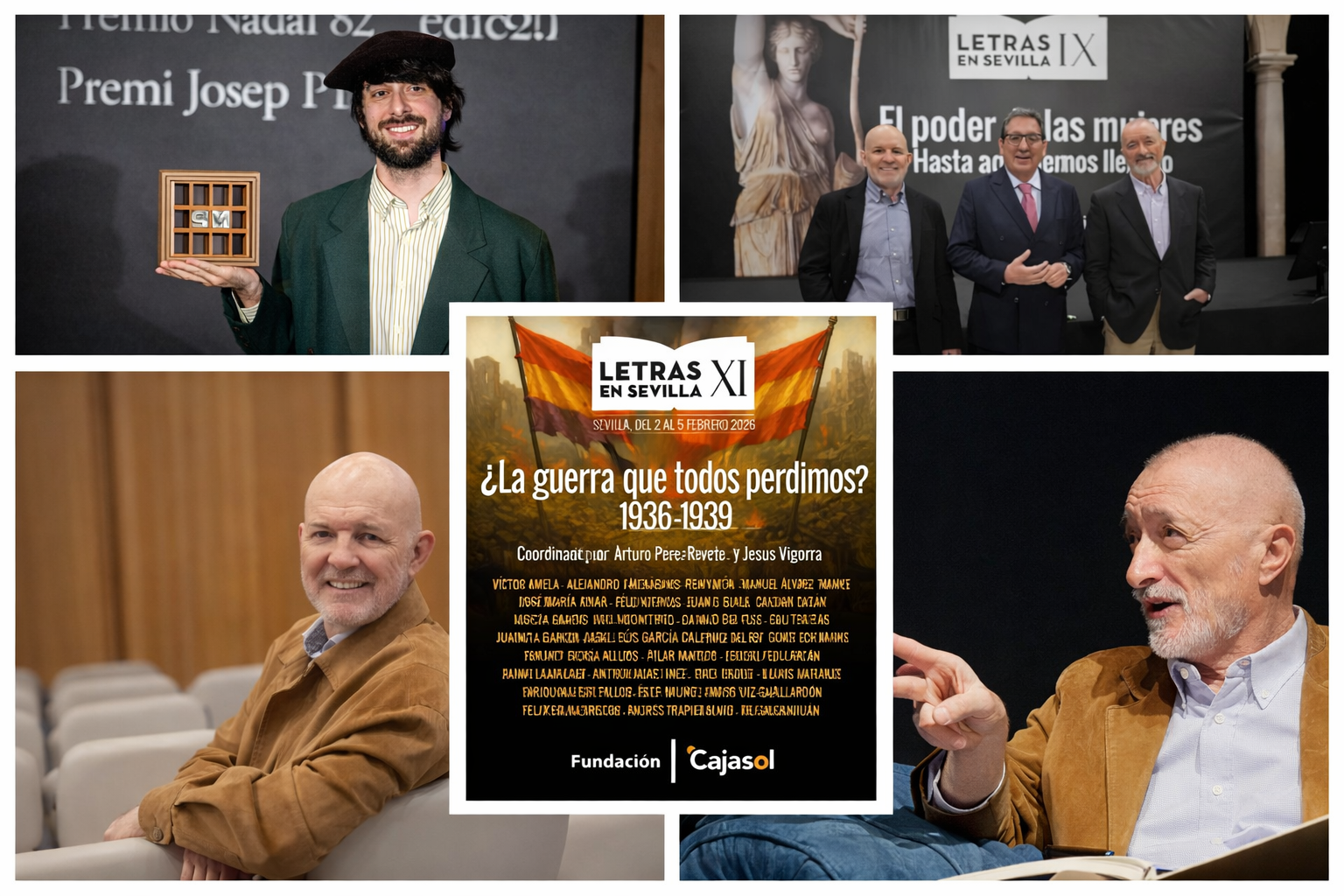 David Uclés, Arturo Pérez-Reverte y Jesús Vigorra, con el cartel del ciclo de Fundación Cajasol, que preside Antonio Pulido.