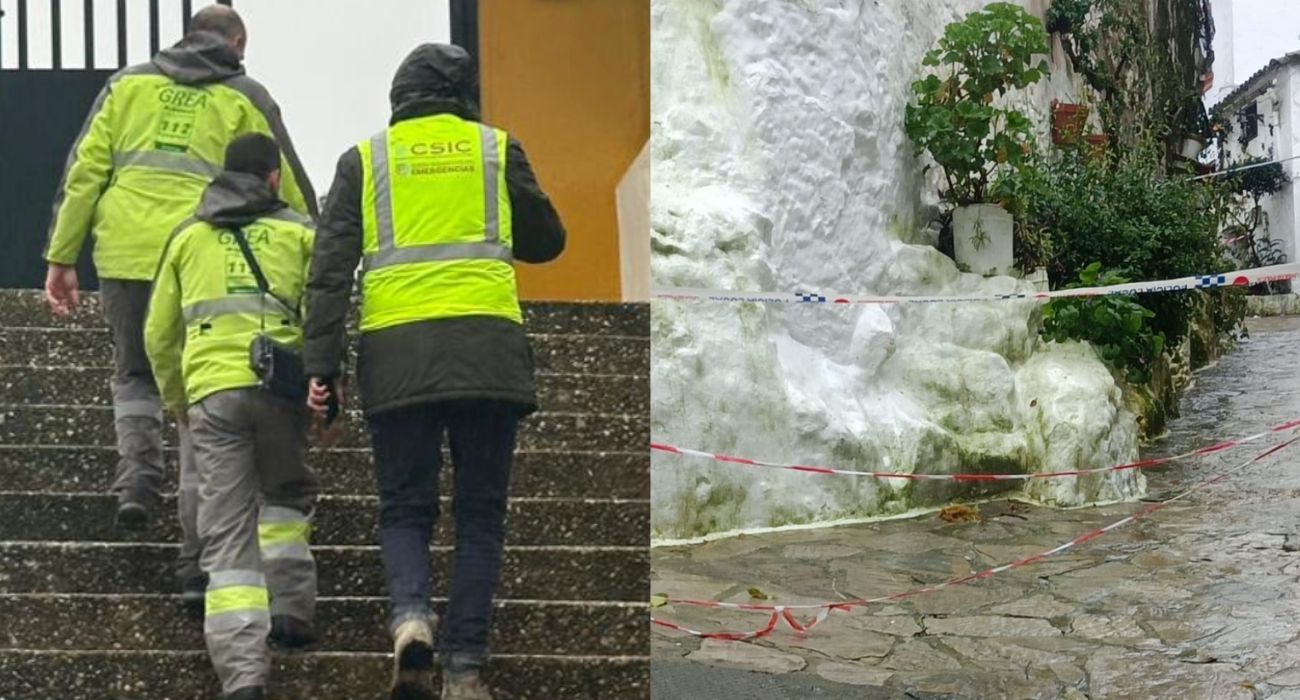 Técnicos del Grupo de Emergencias de Andalucía y la calle Saúcos, a la que solo pueden acceder los residentes.