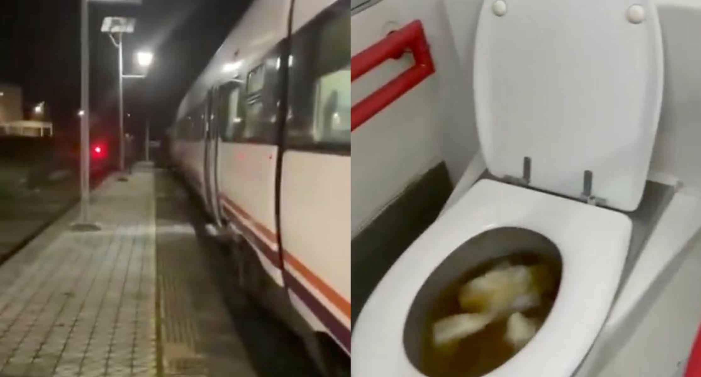 El tren, parado, y la imagen de uno de los dos baños.