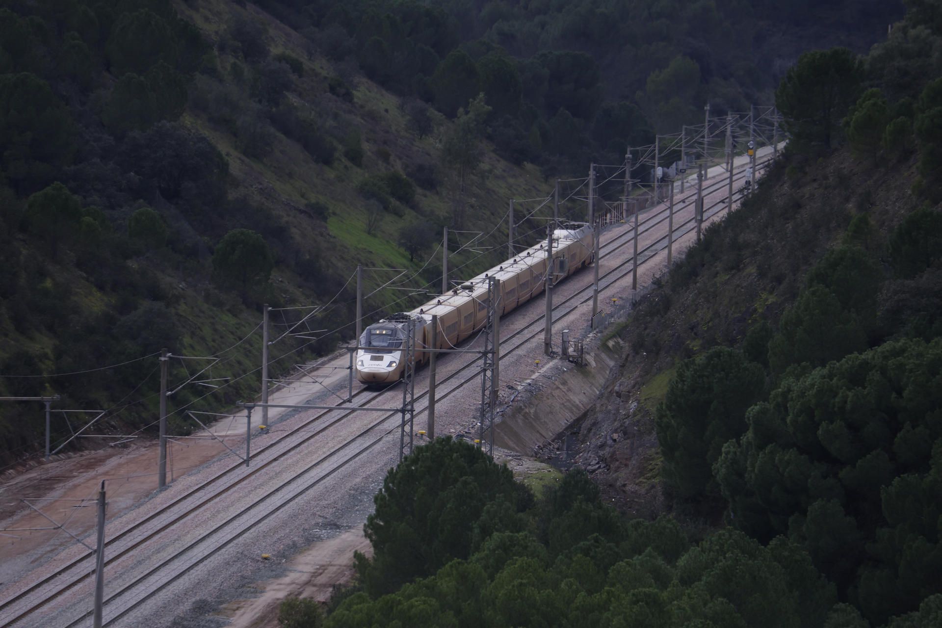 Un tren circula por Adamuz un mes después del accidente, el día de la reapertura de la línea.