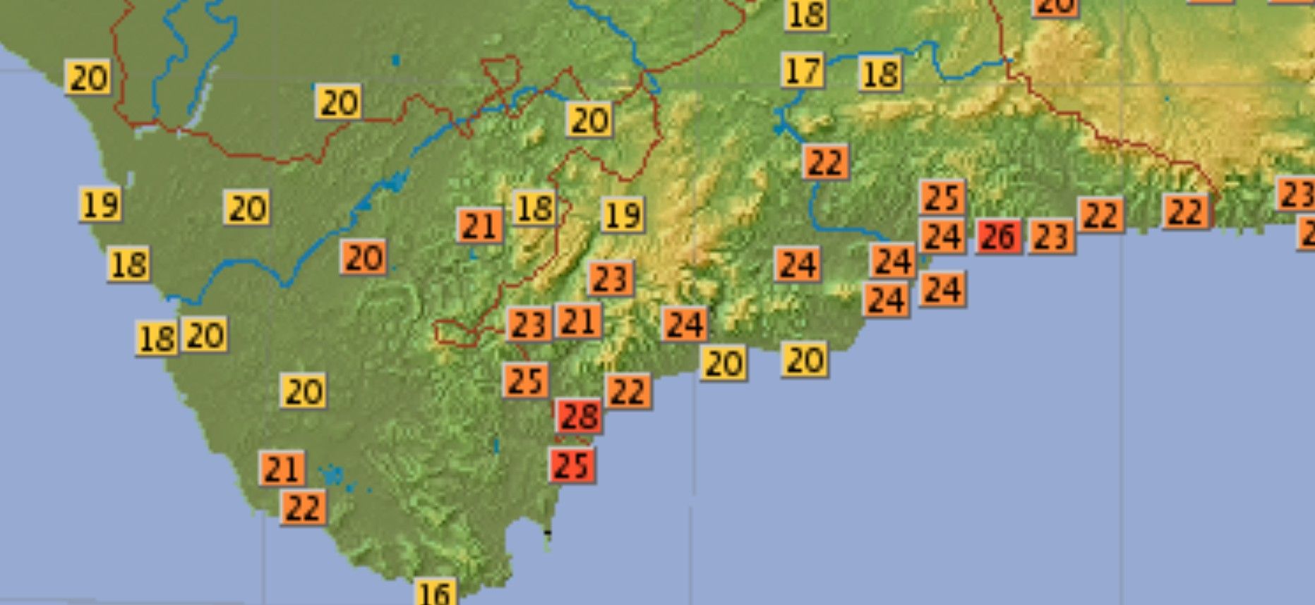 Las máximas este martes, en un mapa difundido por Aemet.