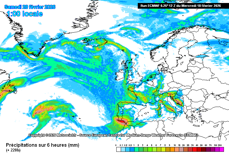 Mapa del modelo europeo que muestra la evolución de la borrasca Regina en Andalucía durante el Puente, con lluvias previstas entre el 26 de febrero y el 2 de marzo.