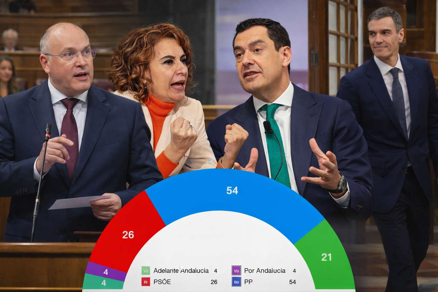 De izda. a dcha., en la imagen, Miguel Tellado, María Jesús Montero, Juanma Moreno y Pedro Sánchez. Y en el centro, el arco político resultante de unas elecciones hoy en Andalucía, según la encuesta publicada por Publicaciones del Sur. De izda. a dcha., en la imagen, Miguel Tellado, María Jesús Montero, Juanma Moreno y Pedro Sánchez. Y en el centro, el arco político resultante de unas elecciones hoy en Andalucía, según la encuesta publicada por Publicaciones del Sur.