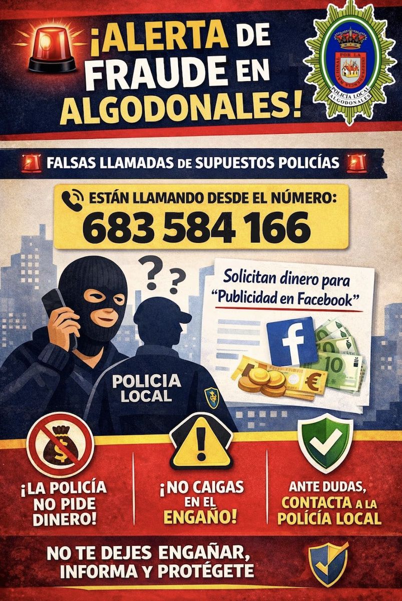 Aviso de la Policía Local de Algodonales frente a la estafa telefónica.
